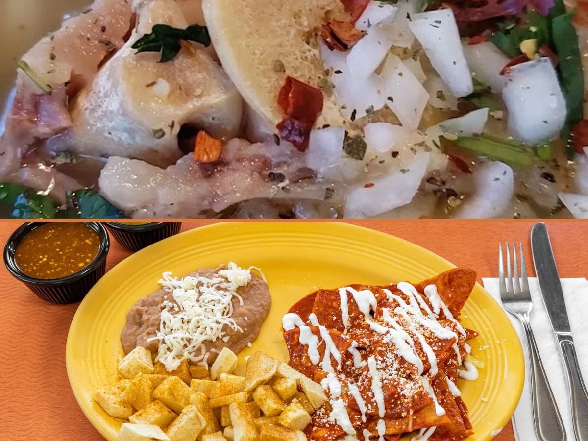 Plates of Mexican food on a restaurant table.