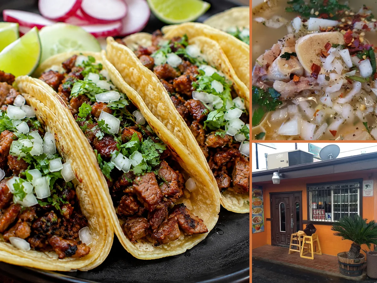 Plates of Mexican food on a restaurant table.