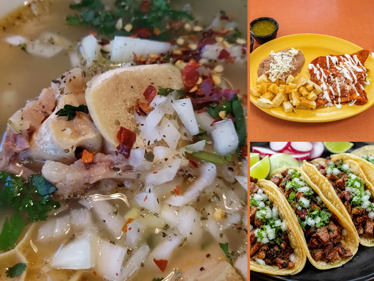 Plates of Mexican food on a restaurant table.
