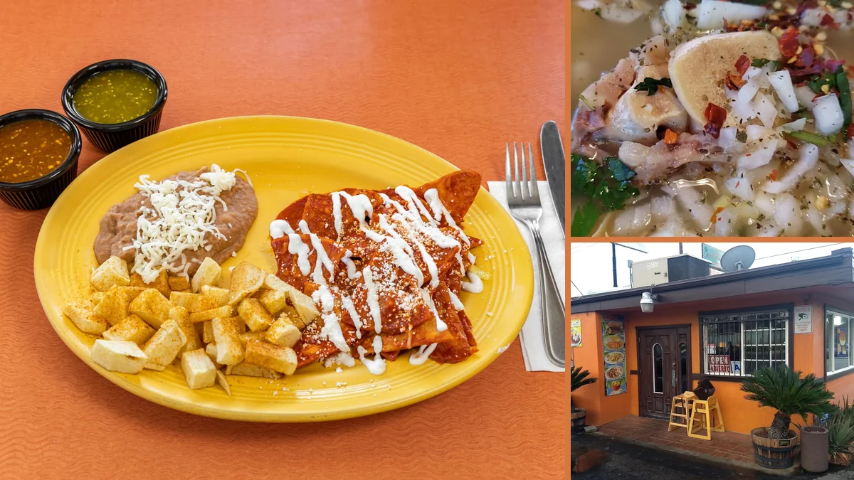 Plates of Mexican food on a restaurant table.