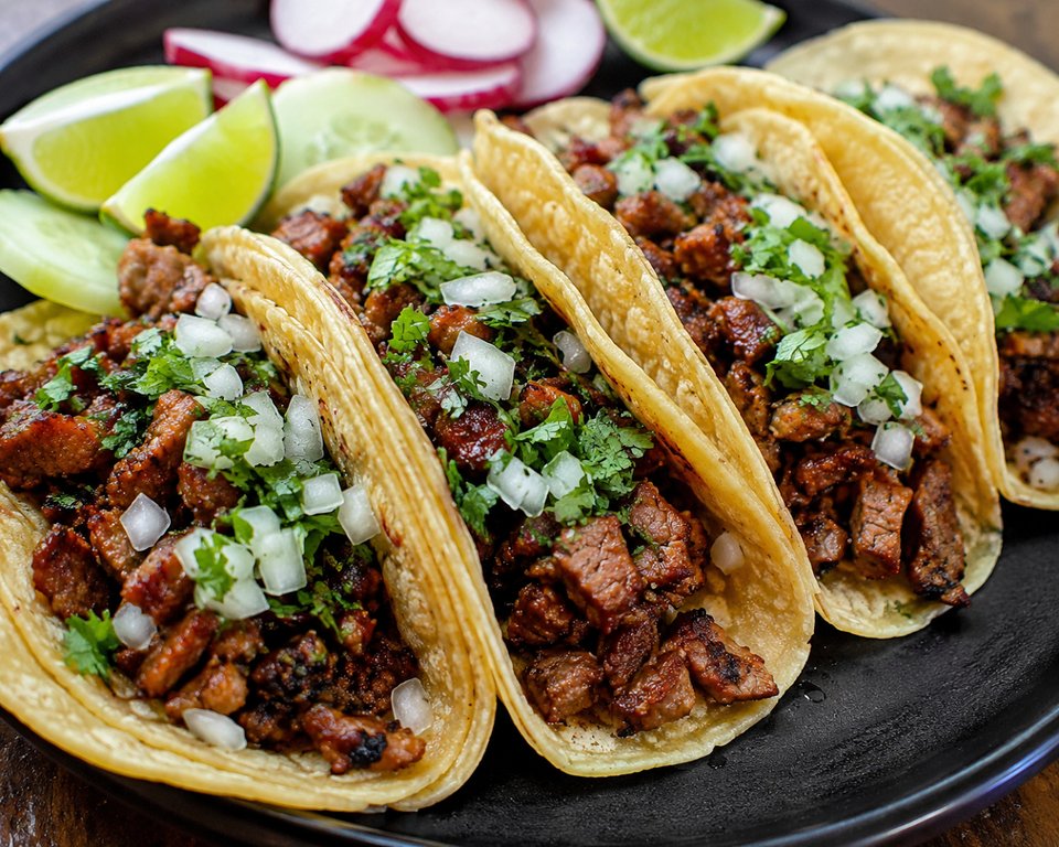 Fresh tortillas and bowls on a busy table.