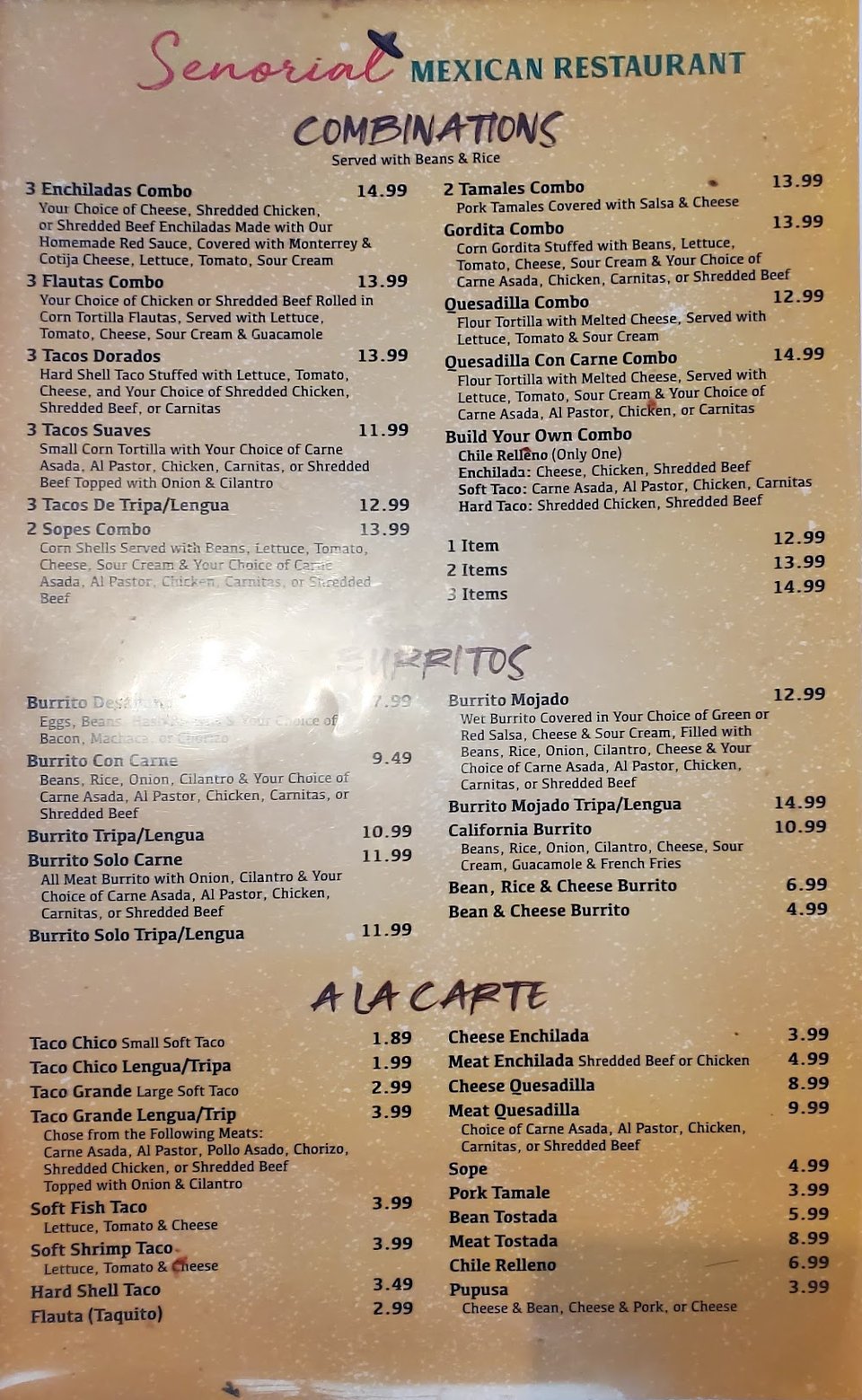 Printed menu with breakfast and appetizer sections.