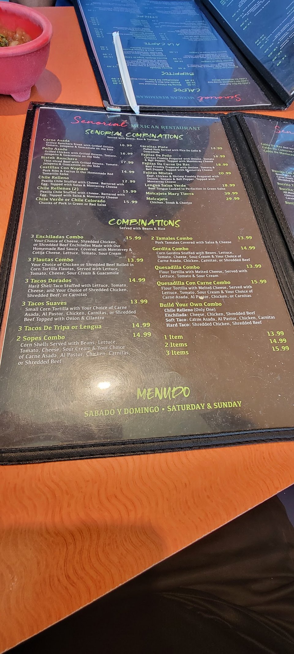 Close-up of a Mexican restaurant menu.