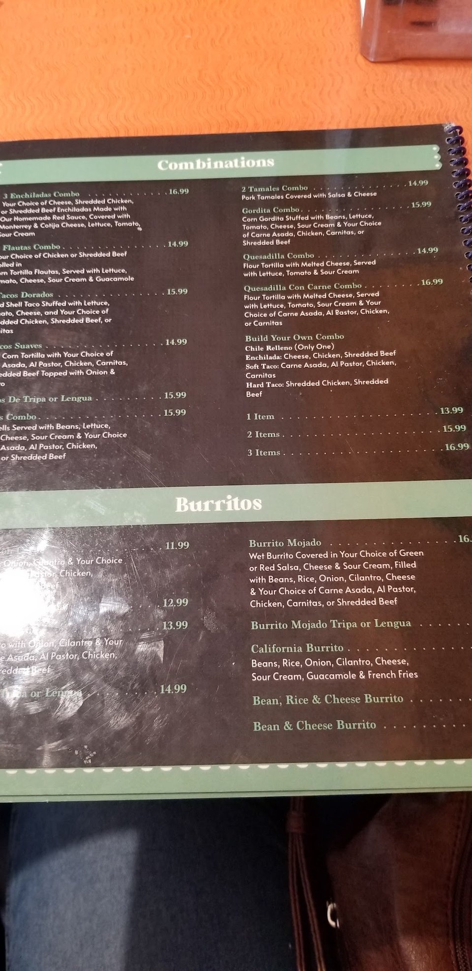 Menu layout with caldos and a la carte items.